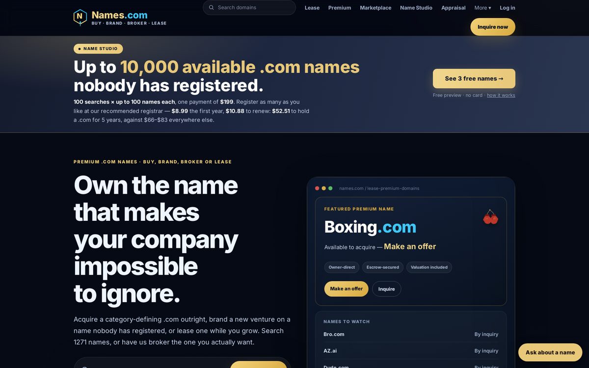 Names.com website preview